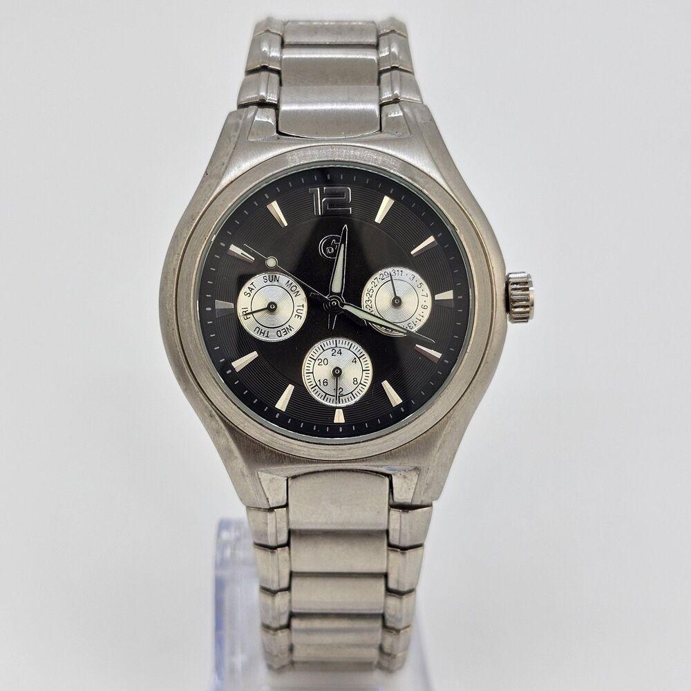 George Men's Watch 40MM Black Dial Day‎ Date Gray Bracelet Band 8" New Battery